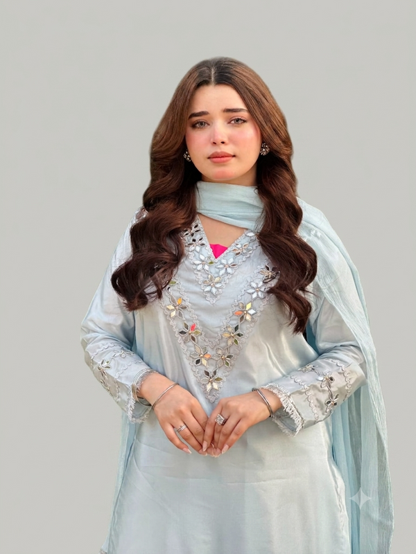 Exquisite Ice-Blue Hand-Embellished Silk Ensemble