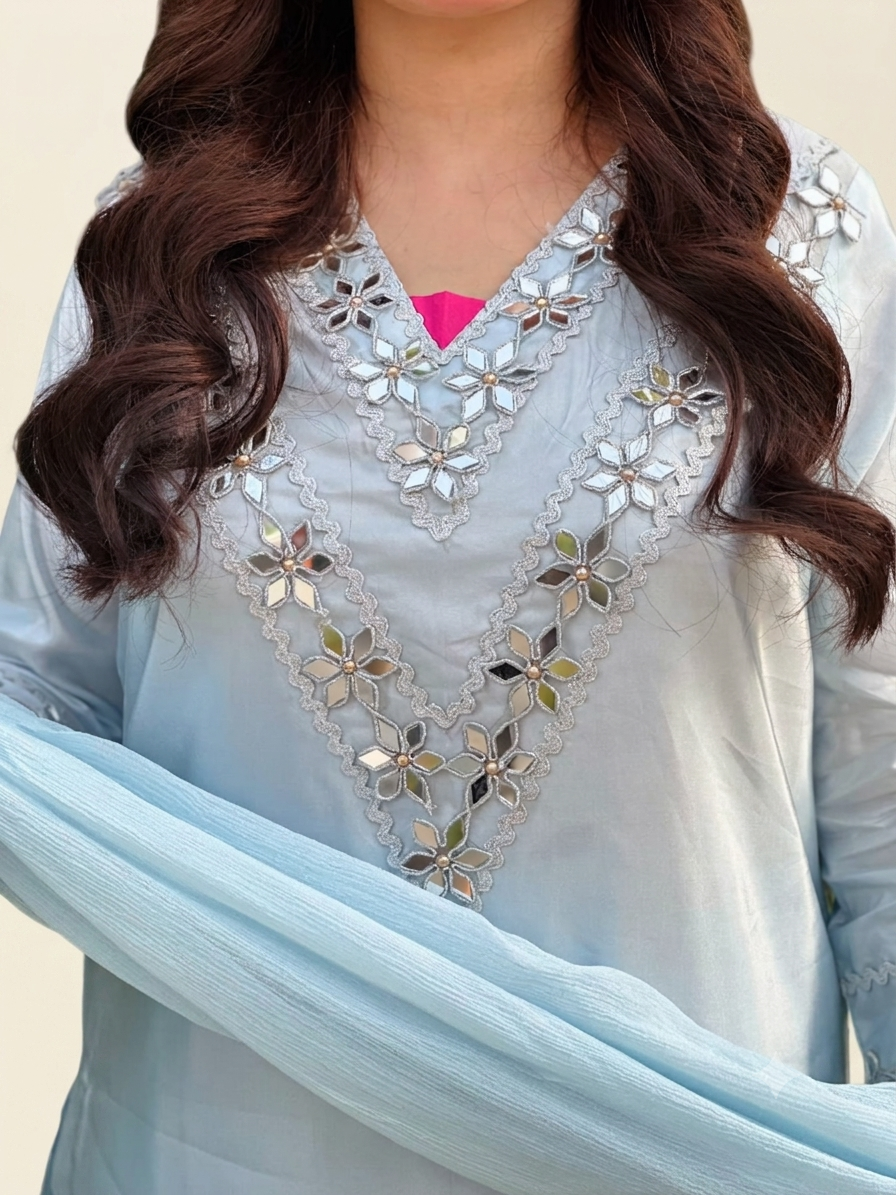 Exquisite Ice-Blue Hand-Embellished Silk Ensemble