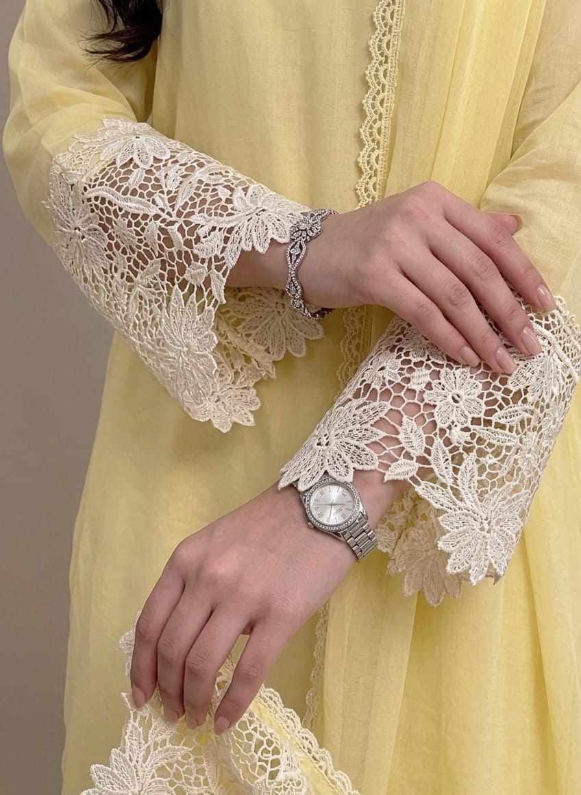 Lemon Yellow Embroidered Lace Kurta Set