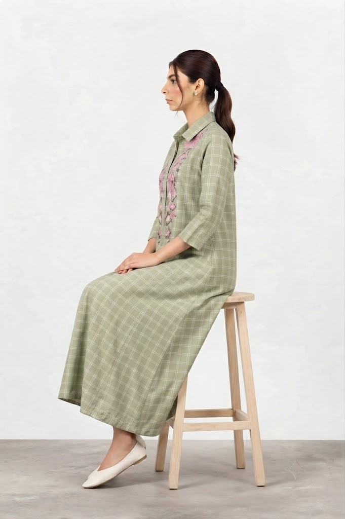 Floral-Embroidered Check Shirt Dress