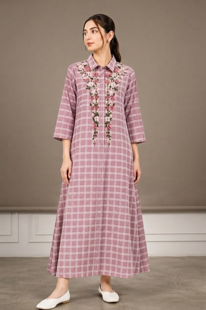 Floral-Embroidered Check Shirt Dress