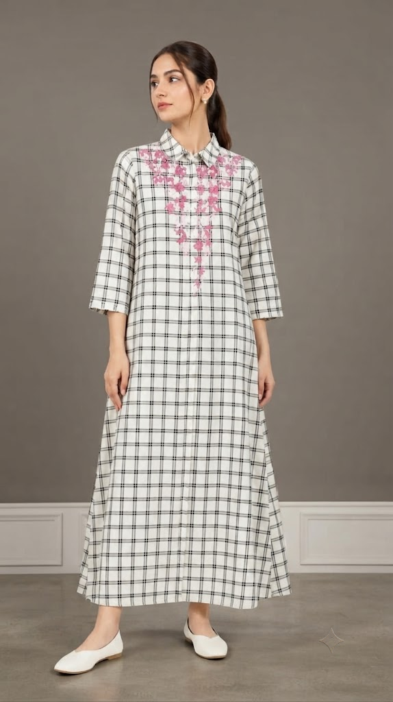 Floral-Embroidered Check Shirt Dress