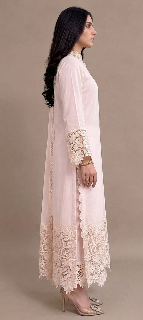 Blush Pink Embroidered Cotton Lace Kurta Set