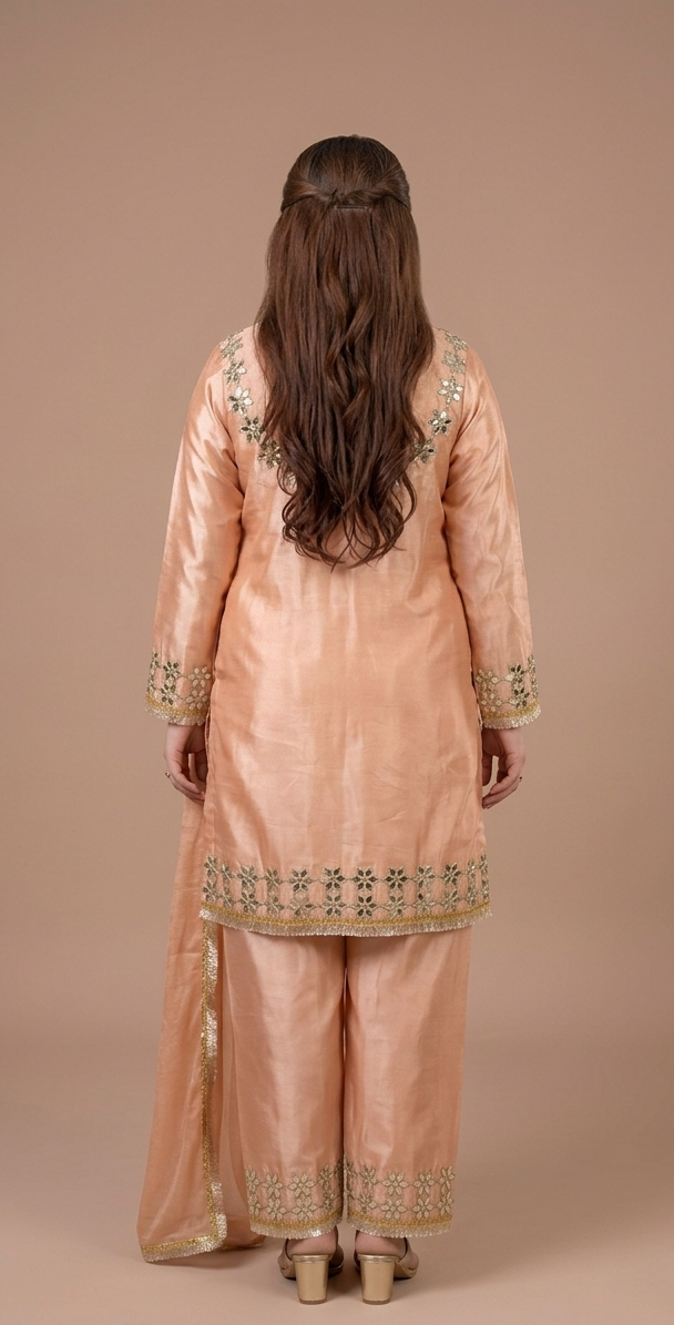 Aura Peach Silk Mirror-Work Kurta Set