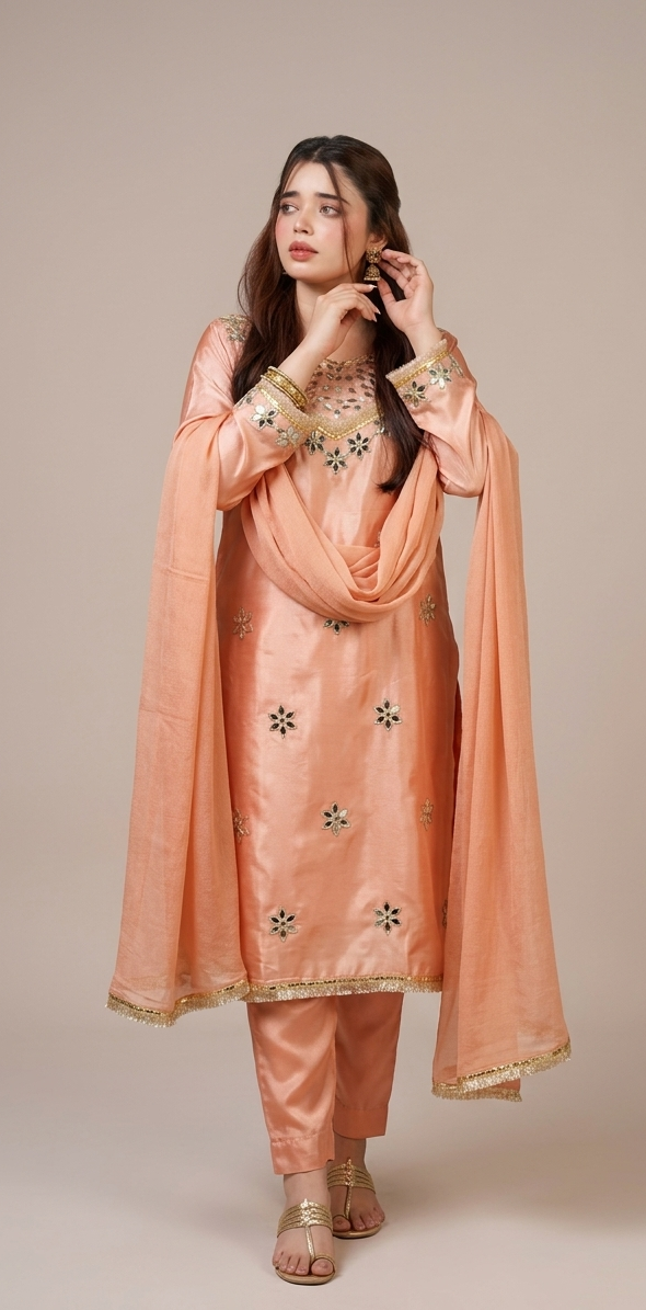 Aura Peach Silk Mirror-Work Kurta Set