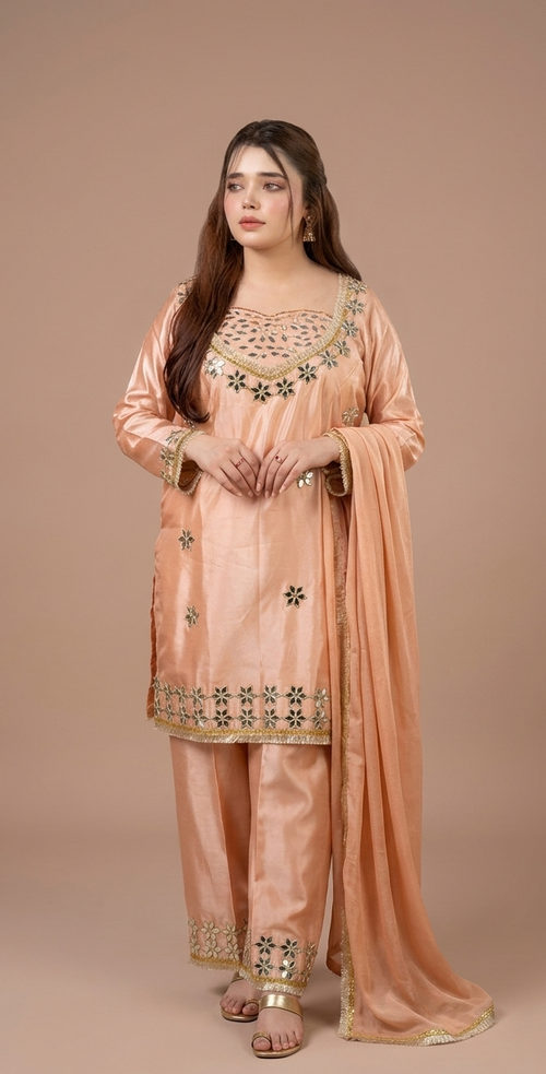 Aura Peach Silk Mirror-Work Kurta Set