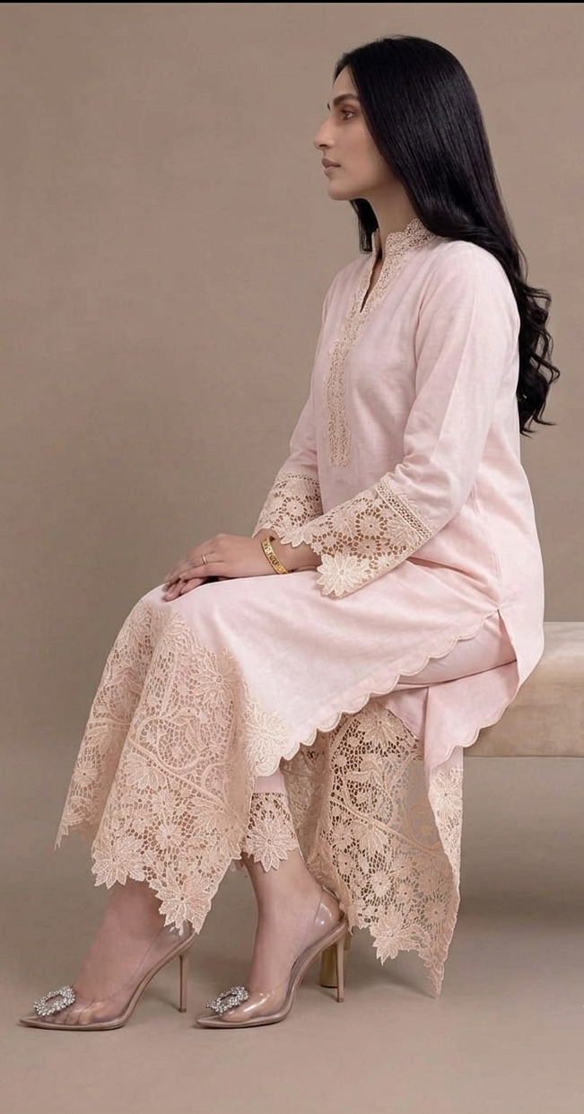 Blush Pink Embroidered Cotton Lace Kurta Set