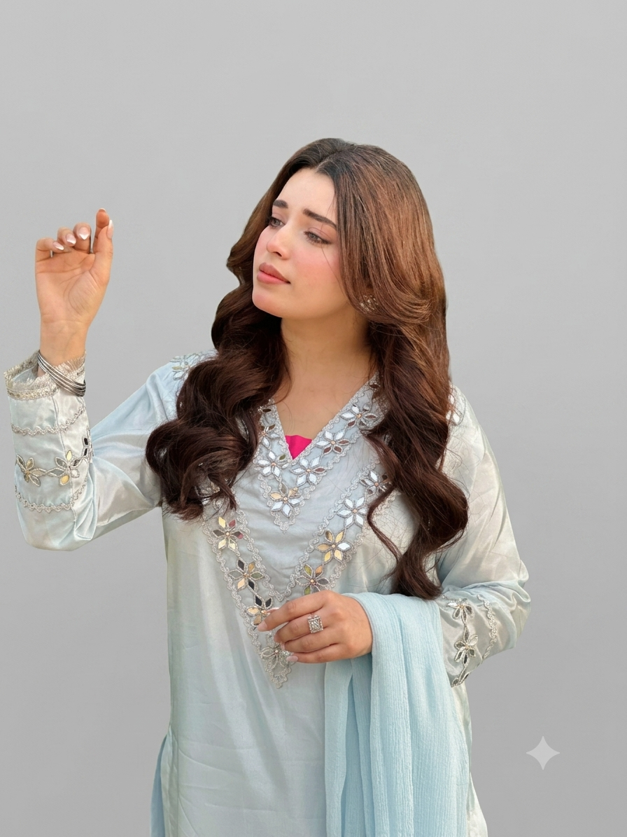 Exquisite Ice-Blue Hand-Embellished Silk Ensemble