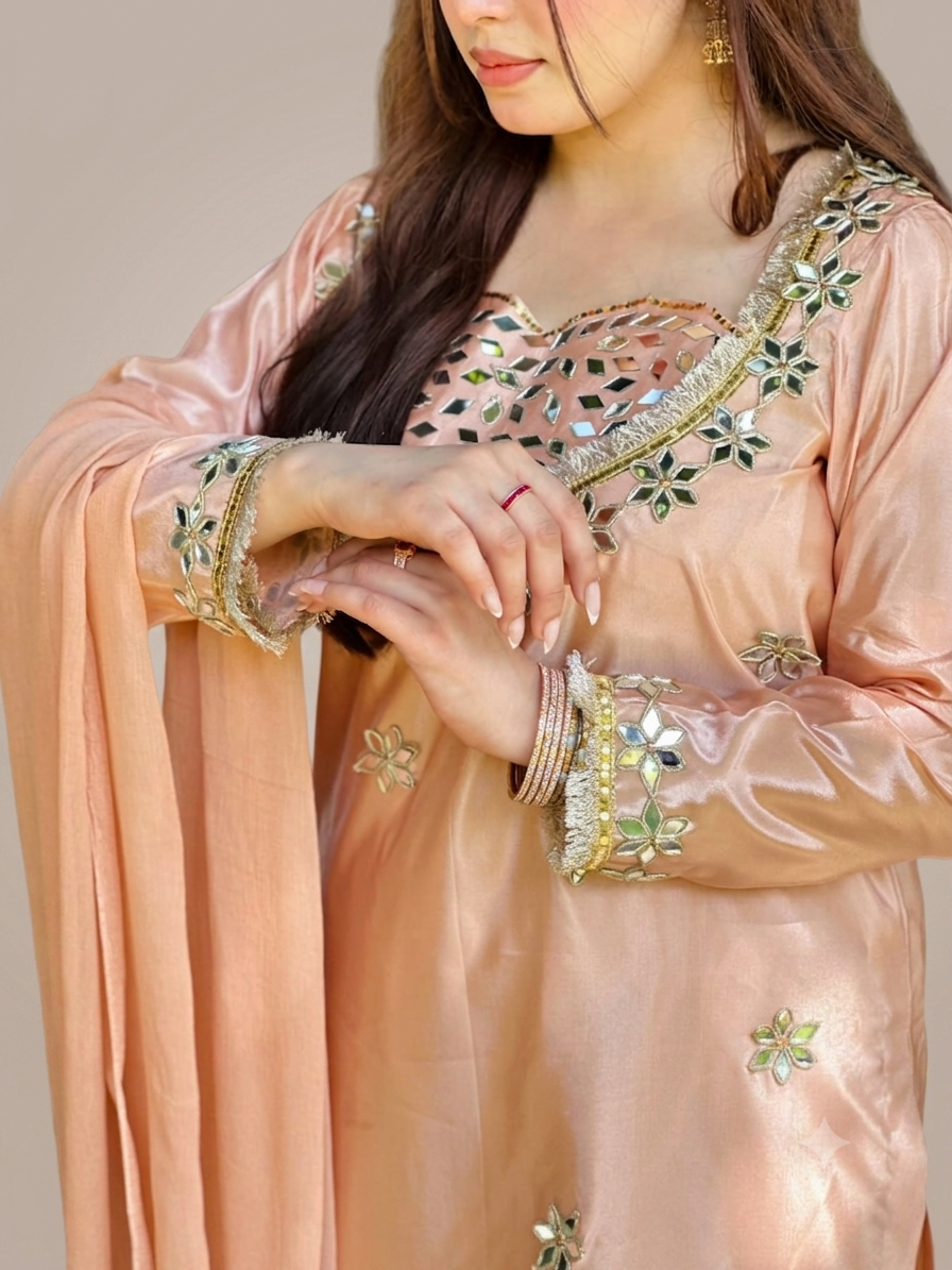 Aura Peach Silk Mirror-Work Kurta Set