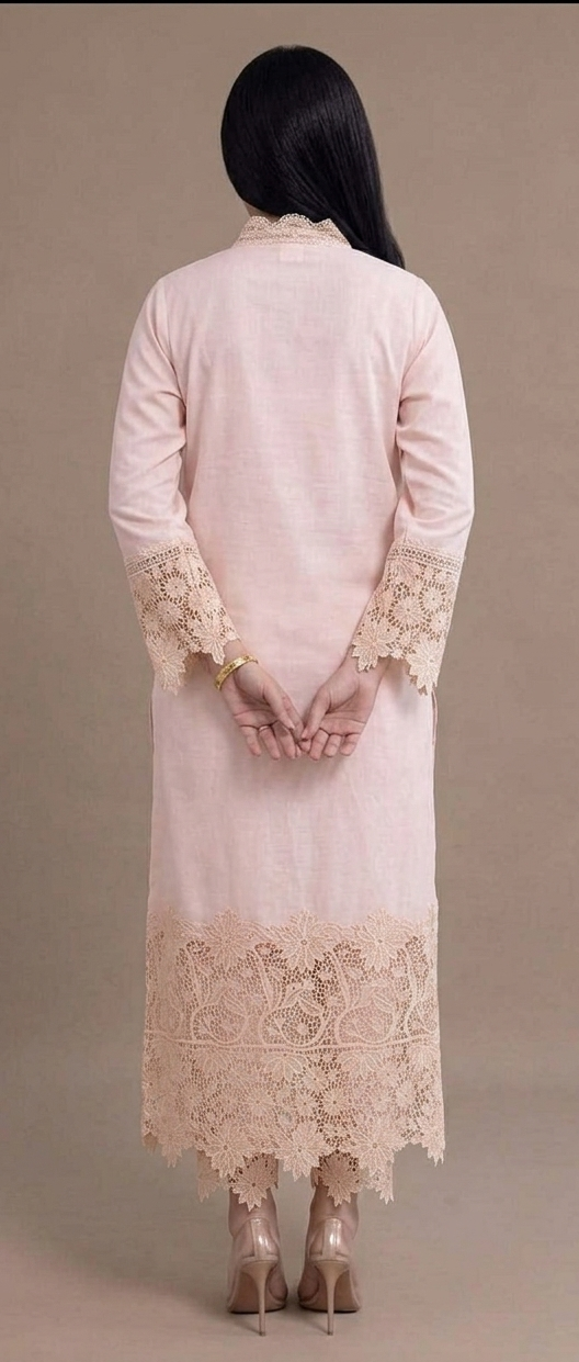Blush Pink Embroidered Cotton Lace Kurta Set