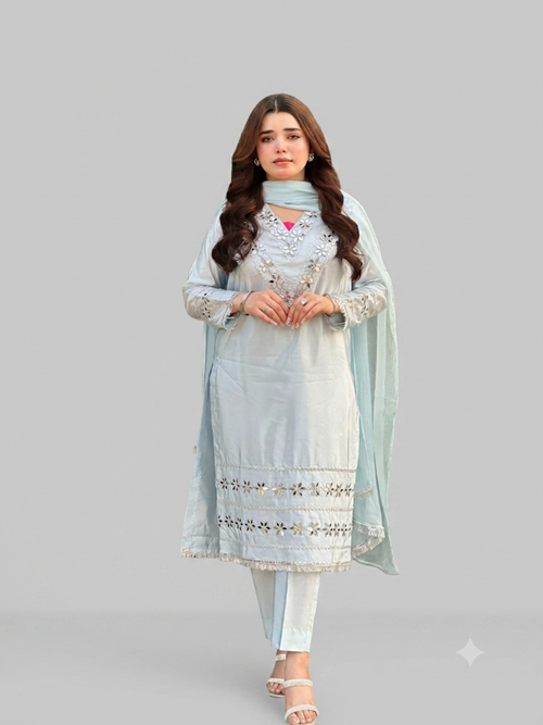 Exquisite Ice-Blue Hand-Embellished Silk Ensemble