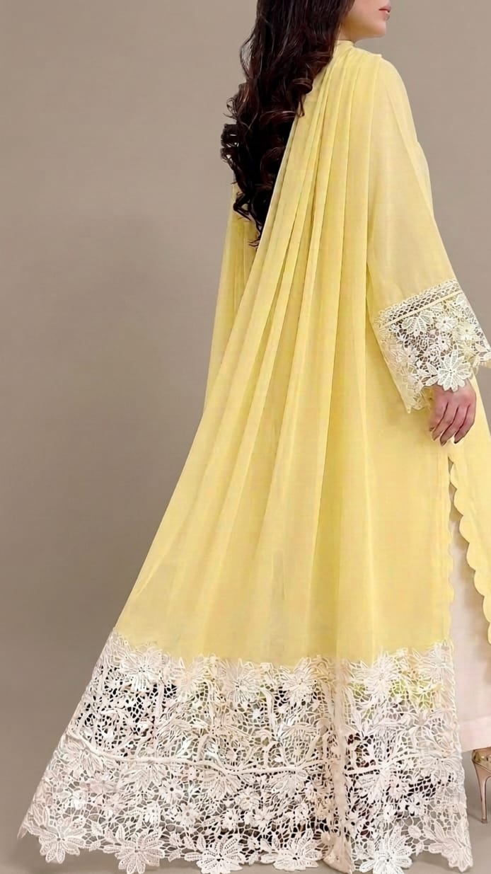 Lemon Yellow Embroidered Lace Kurta Set