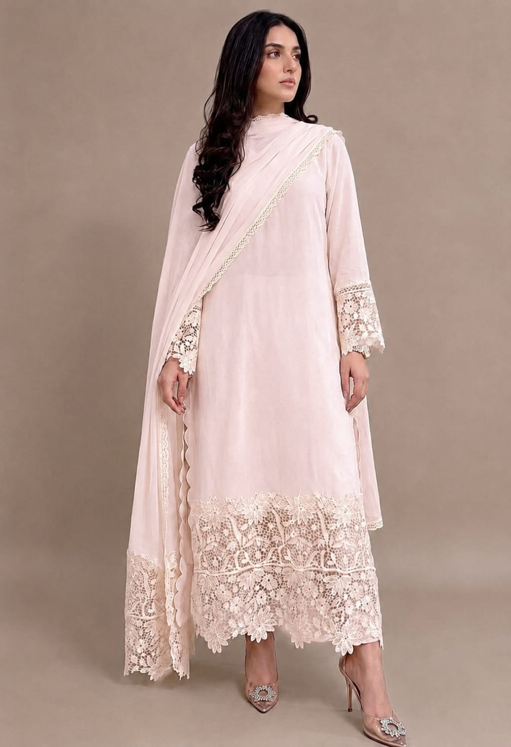 Blush Pink Embroidered Cotton Lace Kurta Set