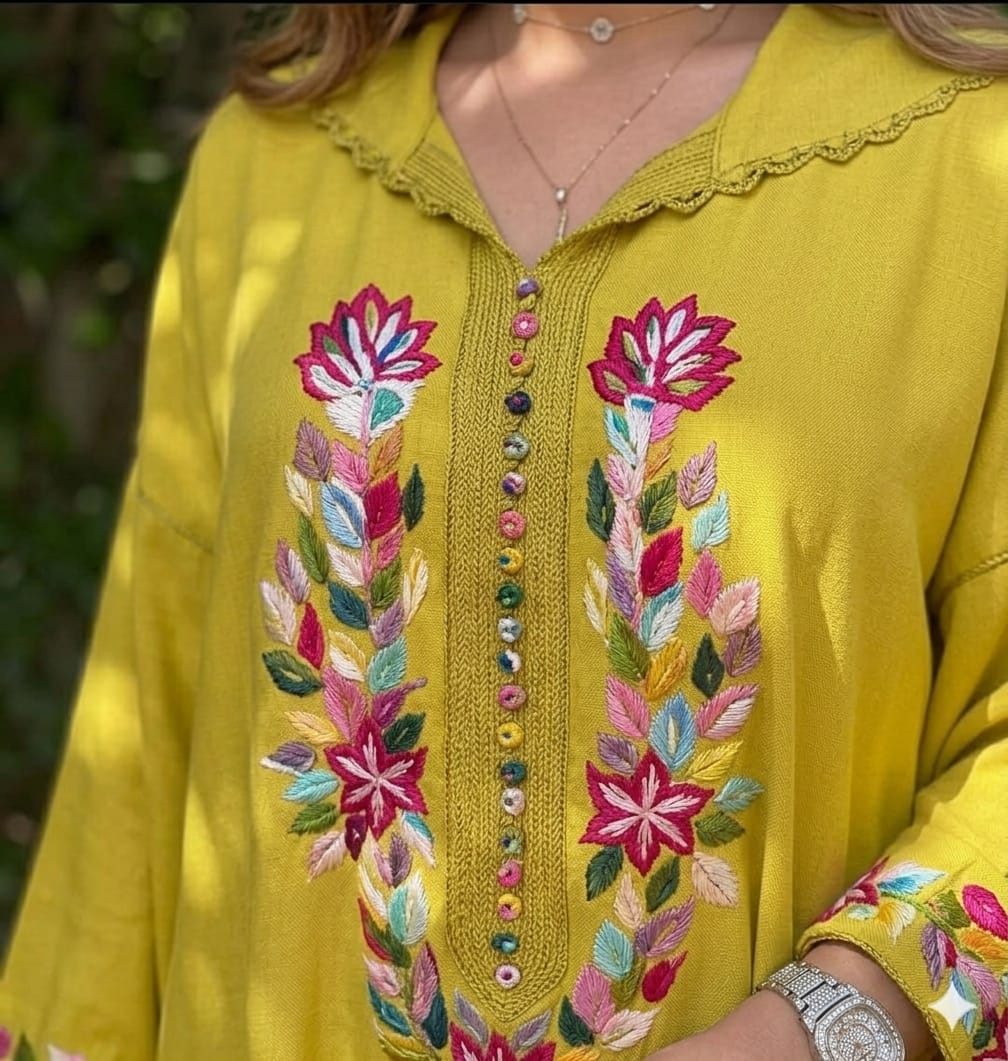 Vibrant Mustard Dress with Traditional Embroidery