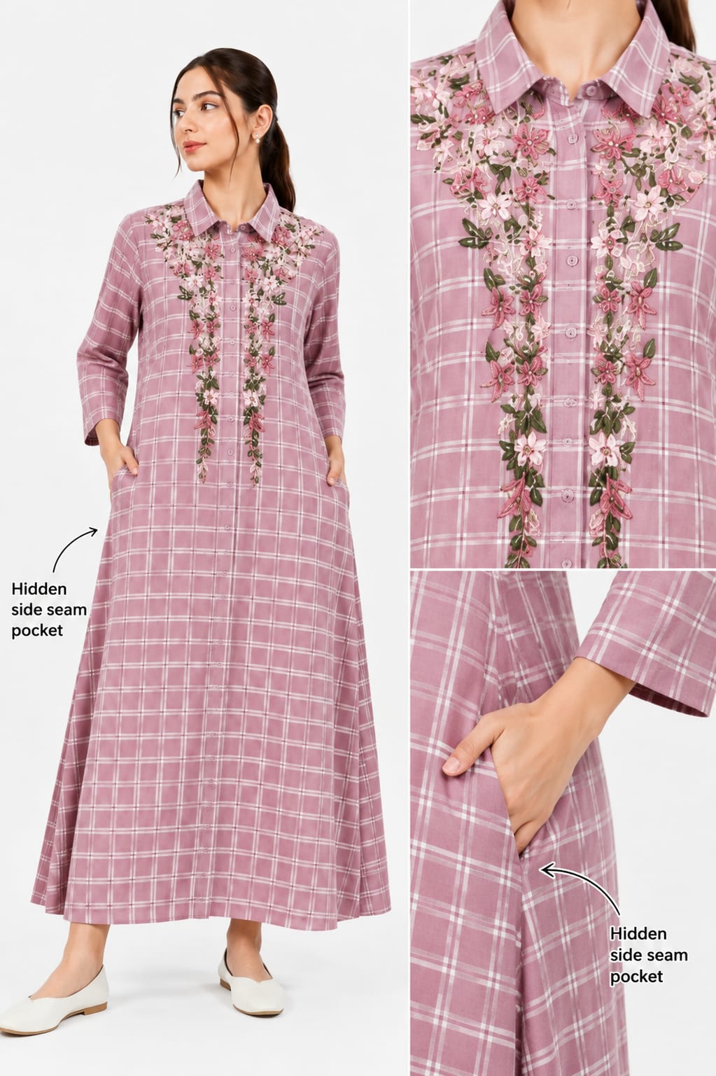 Floral-Embroidered Check Shirt Dress