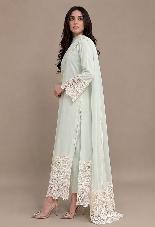 Mint Green Cotton Lace Kurta Set